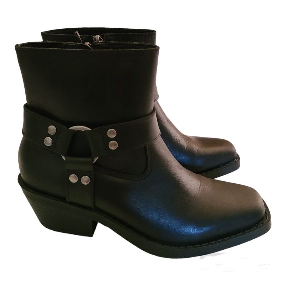 Sun + Stone Phoebie Leather Motorcycle Moto Harness Ankle Boots Square Toe
